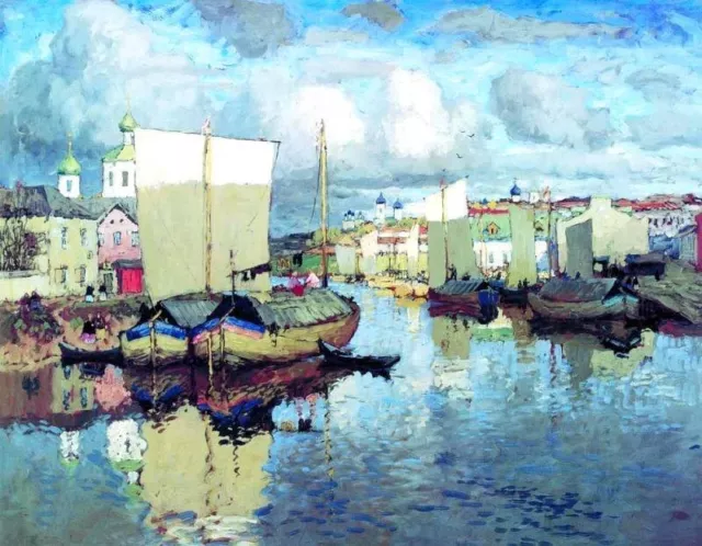 Oil painting Gorbatov Konstantin - Life on the River Pskov landscape & sail boat