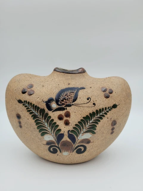 Tonala Vase Mexico Signed Netzi Butterfly Bird Hand Painted Heart Shaped
