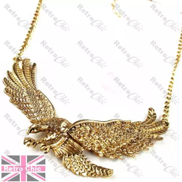 BIG METAL EAGLE COLLAR chain NECKLACE bib GOLD PLATED feather wings claw detail