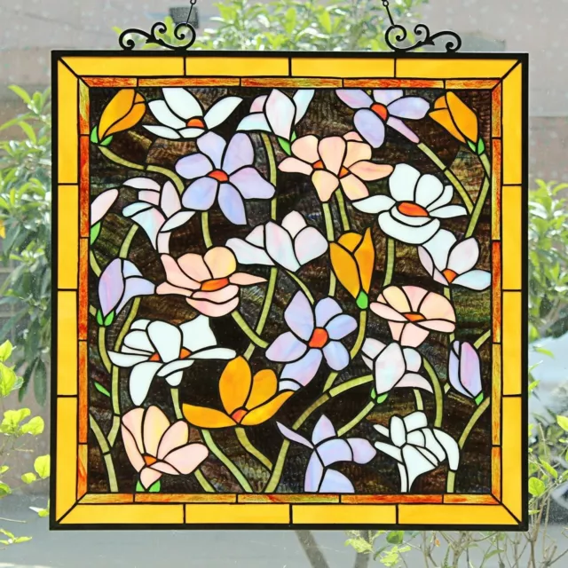 25" Floral Garden Plumerias Tiffany Style Stained Glass Window Panel