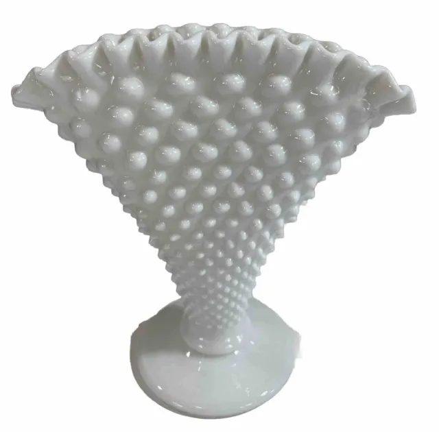FENTON -8" Ftd Crimped Fan Vase- White Milk Glass Vtg. Ruffled Edge. Hobnail VGC