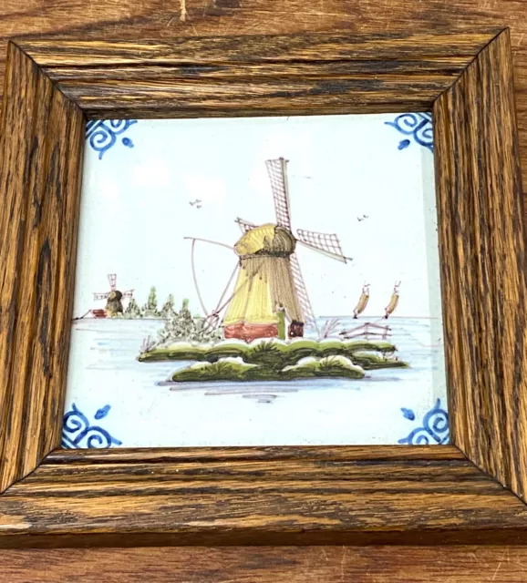 Antique Hand Made Dutch Windmill Tile Makkum Delft- Framed in Wood