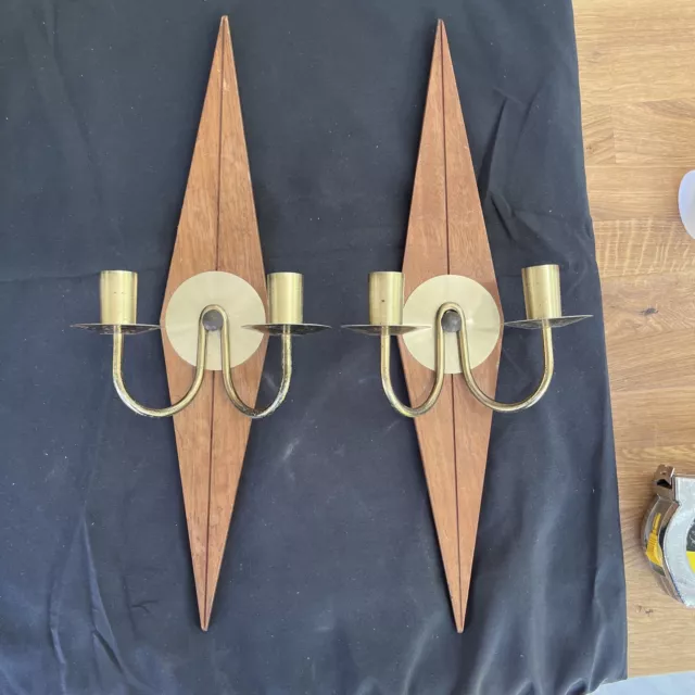 Mid-Century Modern Diamond Teak/Brass Wall Candle Sconces (Set Of 2)