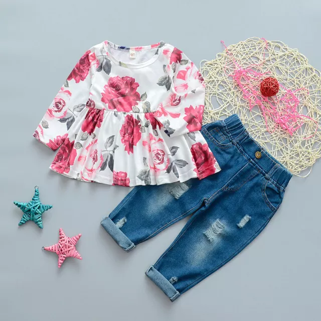 2PCS Toddler Kids Baby Girls Clothes Rose Tops+Denim Jeans Pants Outfits Set