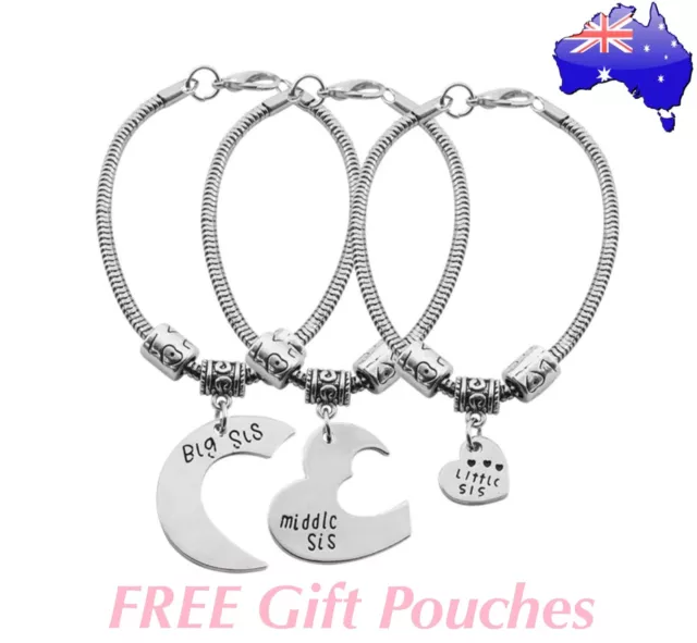 3 PCs Sisters Big Middle Little Sis Silver Heart Charm Bracelet Set Sister Gift