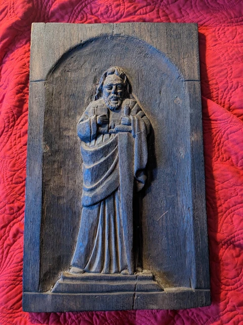 ANTIQUE 18th/19th CENTURY HAND-CARVED Wood Christian ICON SAINT PAUL Book Sword