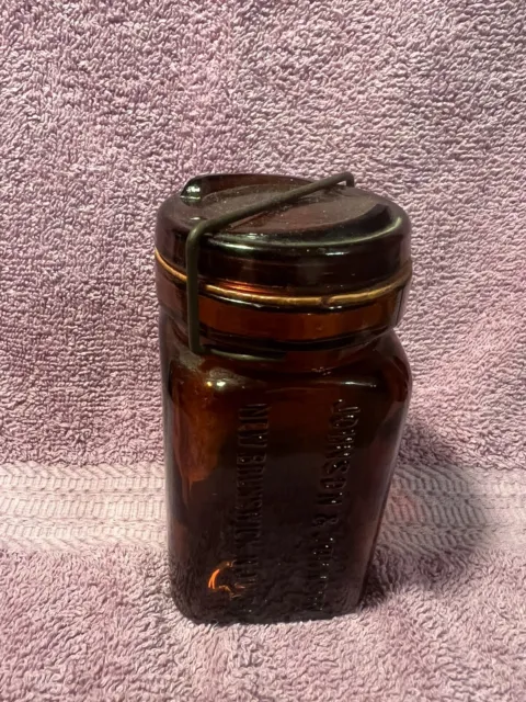 1896 Johnson And Johnson  New York Amber Glass Medicine Jar With Lid