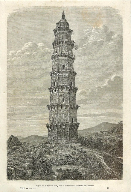 CHINE CHINA " TCHAO-TCHOU " PAGODE BORD DU HAN / GRAVURE ENGRAVING de 1875