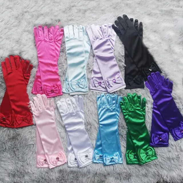 Children Satin Double Laryer Bow Pearl Princess Dance Stage Long Gloves Cosplays