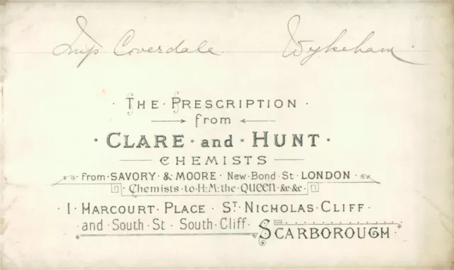 Antique Prescription Envelope Clare & Hunt Chemist Scarborough - Mrs Croesdale