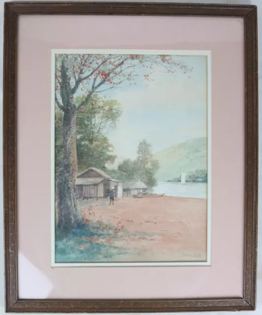 Vintage Japanese Original Landscape Fisherman Watercolor Painted Signed Howshiu