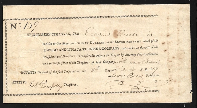 Stock Cert Owego & Ithaca Turnpike Co New York - 1809