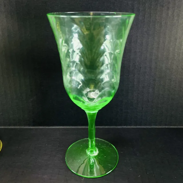 Morgantown Green Palm Optic Champagne Water Goblet GLOWS Uranium Wine Glass 7in