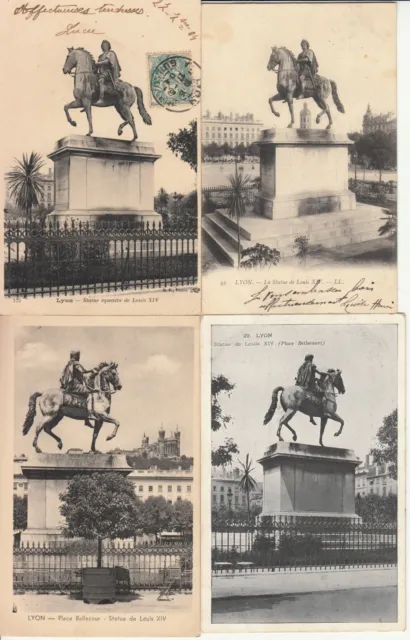 Lot de 4 cartes postales anciennes old postcards LYON Statue équestre LOUIS XIV