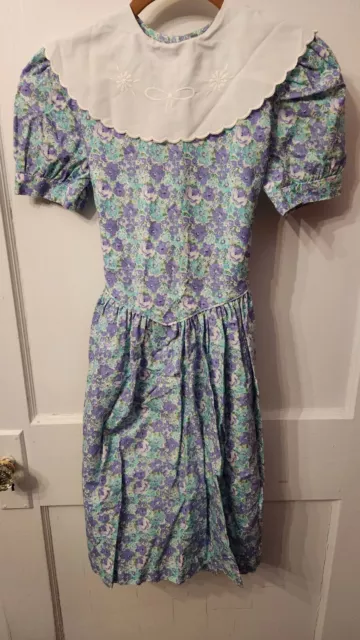 Vtg Rainbow Creek girls size 12 aqua/purple floral dress collar