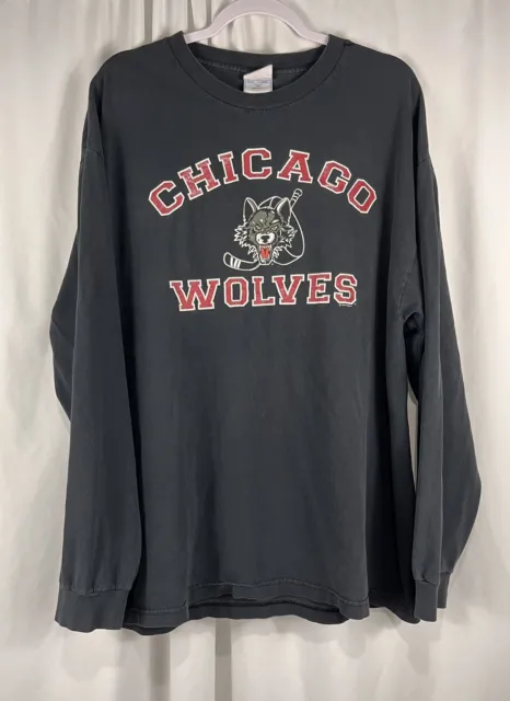 Vintage Chicago Wolves Shirt XL Black IHL AHL Hockey 90s Made USA Long Sleeve