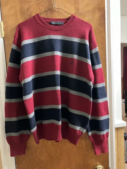 Vintage Nautica Burgundy Red/Navy/Grey Striped Crewneck large Sweater