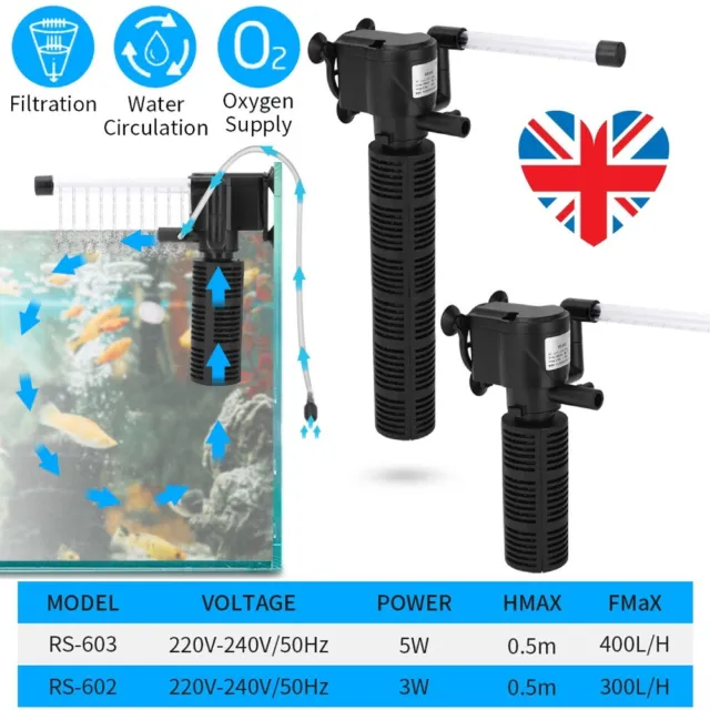 3 in 1 Aquarium Filter Submersible Oxygen Internal Fish Tank Air Water Pump UK