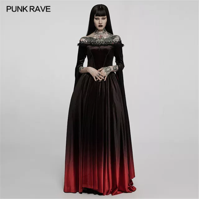 PUNK RAVE Gothic Women Gradient Color Gown Sexy Off Shoulder Lace Long Dresses