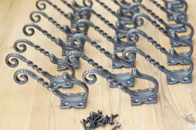 20 Iron Antique Style Coat Hooks Hat Rack Tree Restoration Double Long Fancy Lot