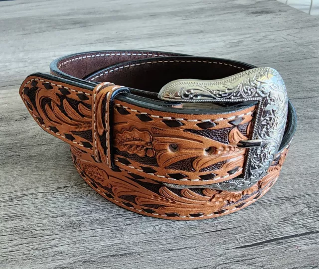 Western Leather Belt Tooled Floral Tan Ranger Rodeo Brown Buck Stitching Size 36
