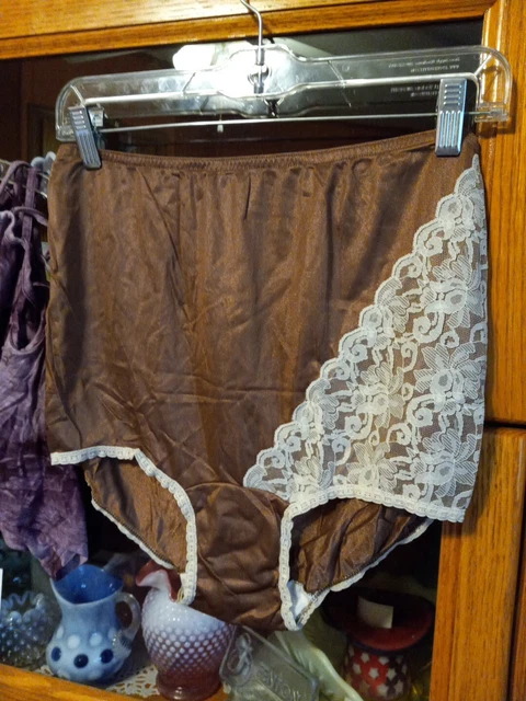 VINTAGE GRANNY PANTY Nylon And Lace Mushroom Panties Brown 7 14-18 USA