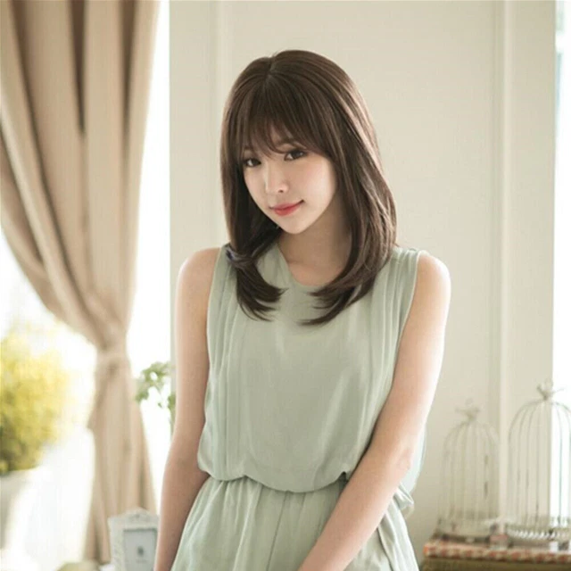 Ladies Dark Brown Wig with Bangs Layered Hair Medium Long Straight Wigs NEW