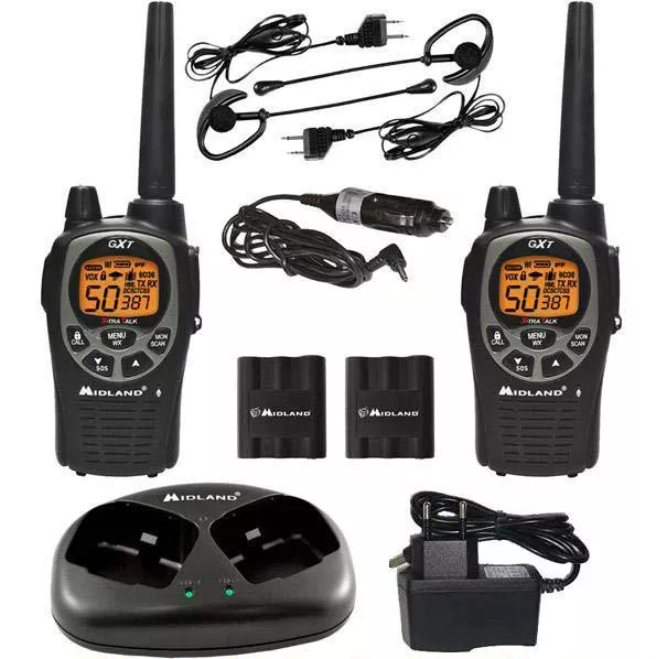 2 Walkie Talkies Midland GXT1000+ Charger+ Micro Headset Hands Free 5W 56KM