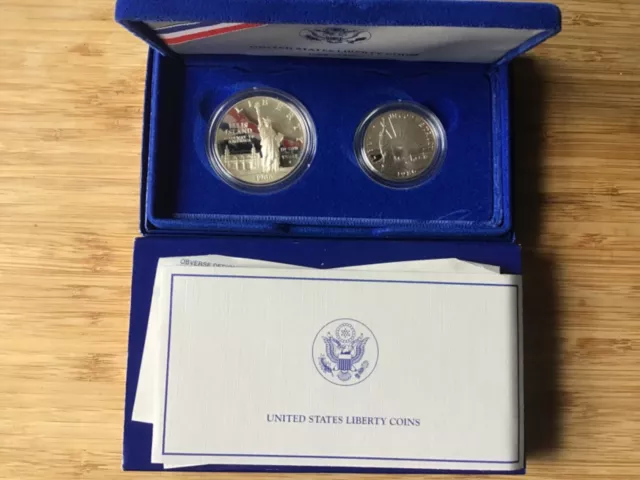 1986 S Statue of Liberty Silver Dollar & Half Dollar Proof 2 Coin Set Bx&COA