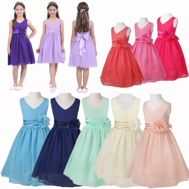 Kids Girls V Neck Bow Sash Wedding Bridesmaid Prom Ball Gown Flower Girl Dress 2