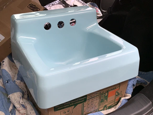 MCM Mid-Century Modern Blue Porcelain Bath Room Sink Lavatory 1966 Cast Iron