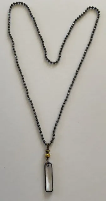 Hematite Faceted Bead Long Necklace With Soldered Faceted Quartz Crystal Pendant