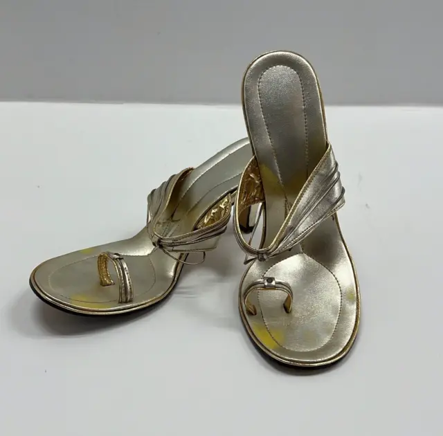 Metro Women's Gold Toe Ring Slip On Cone Heel Slide Sandals Size 7