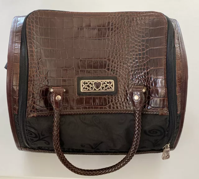 Brighton Brown Croc Embossed Leather Canvas Carry On Vanity Cosmetics Bag