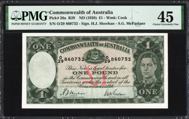 Australia 1 One Pound P26a R29 1938 Sheehan McFarlane PMG45 Choice EF Banknote