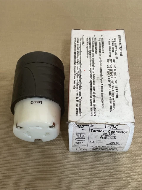 Pass & Seymour Turnlok Twist Lock Connector 20A 250V Plug 2P 3W L-620C NOB NOS
