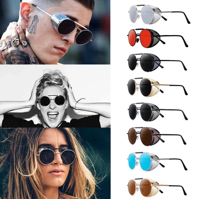 Retro Steampunk Round Sunglasses Mens Women Metal Side Shield Punk Shade Glasses