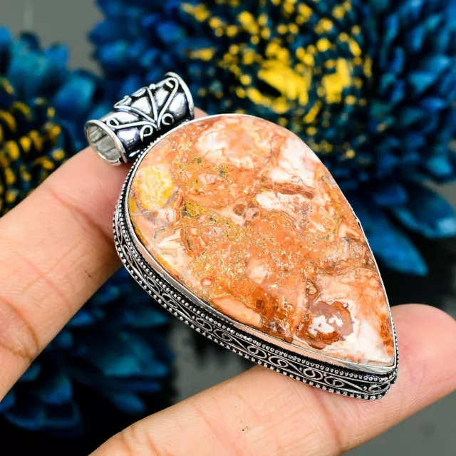 Natural Crazy Lace Agate Gemstone Pendant Vintage 925 Sterling Silver Jewelry