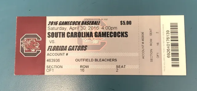 2016 South Carolina Baseball Ticket vs Florida Gators Jonathan India DEBUT YR-2