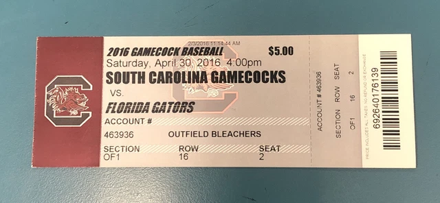 2016 South Carolina Baseball Ticket vs Florida Gators Jonathan India DEBUT YR-2
