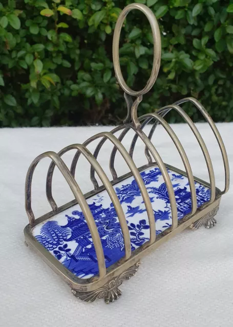 1881 Royal Worcester TOAST RACK Willow Pattern Tile & Silver Plate Ornate frame