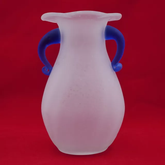 Pulegoso-style Frosted Bubble Hand-blown Glass Urn/Vase Cobalt Blue Handles