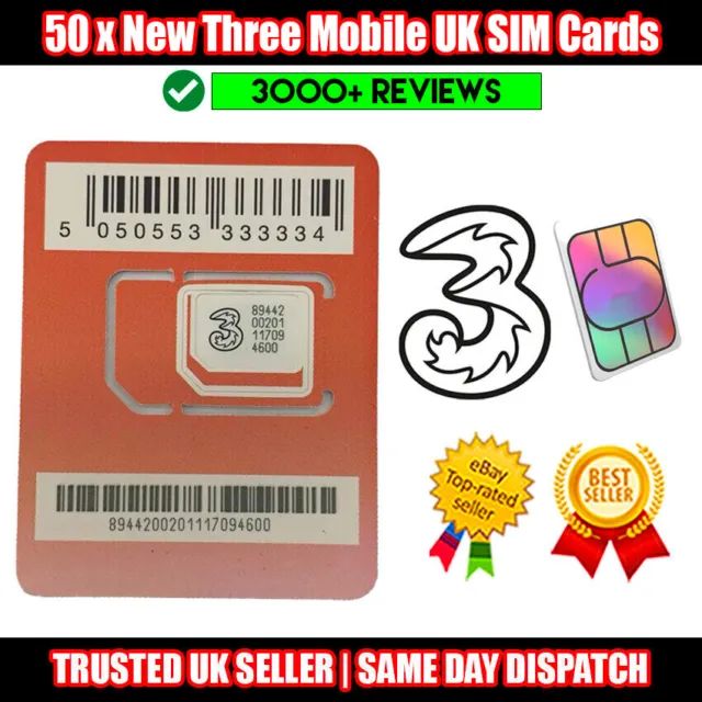 50 x New 3 Supercharged Pay As You Go 4G Sim Cards UK Activated Bulk Joblot