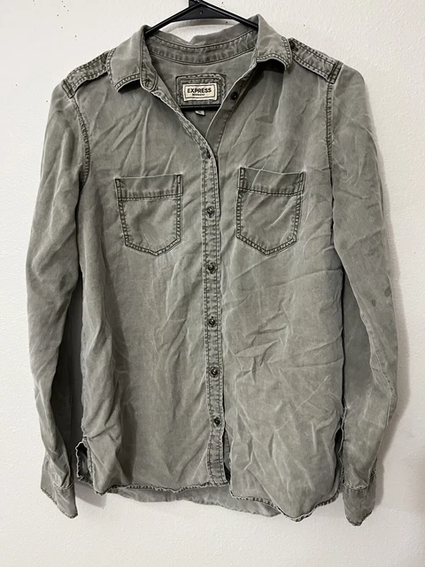 Express Boyfriend Longsleeve Button Up Shirt Green Women’s Size XS Roll Tab