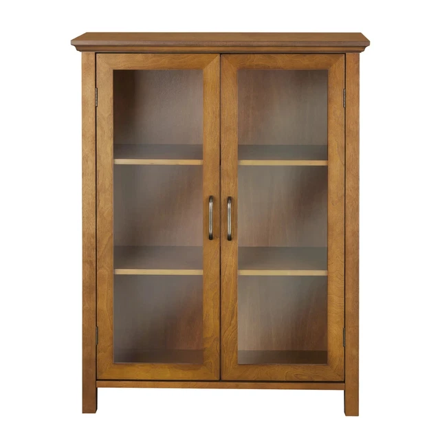 Floor Cabinet Oak Curio Case Display W/ Storage Shelf Box 2 Glass Doors Elegant