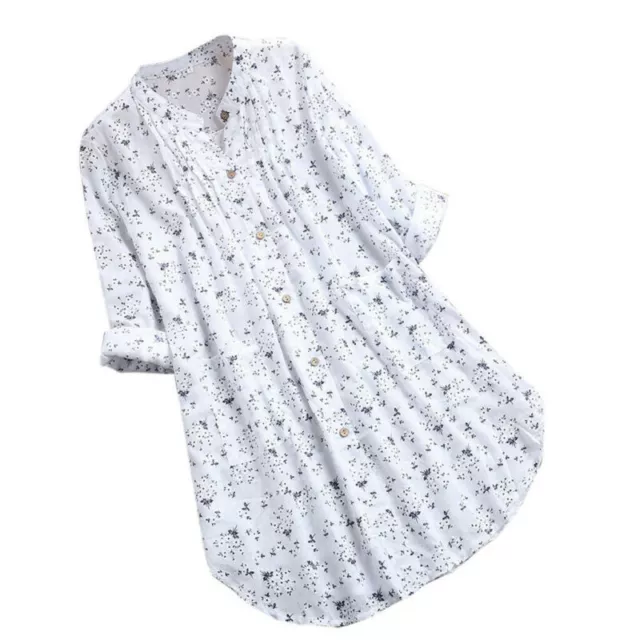 V-Neck Women Long Sleeve Flower Print Linen Shirt Ladies Casual Top Loose Blouse