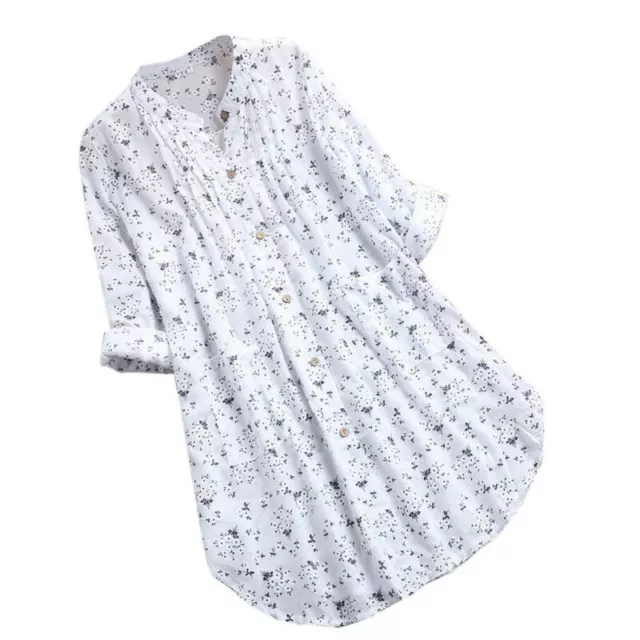 Women Long V-Neck Sleeve Flower Print Linen Shirt Ladies Casual Loose Blouse Top