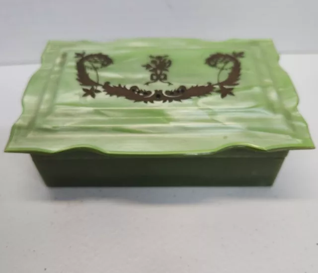 Vintage Celluloid Bakelite Green Trinket Box MCM with Black floral design lid