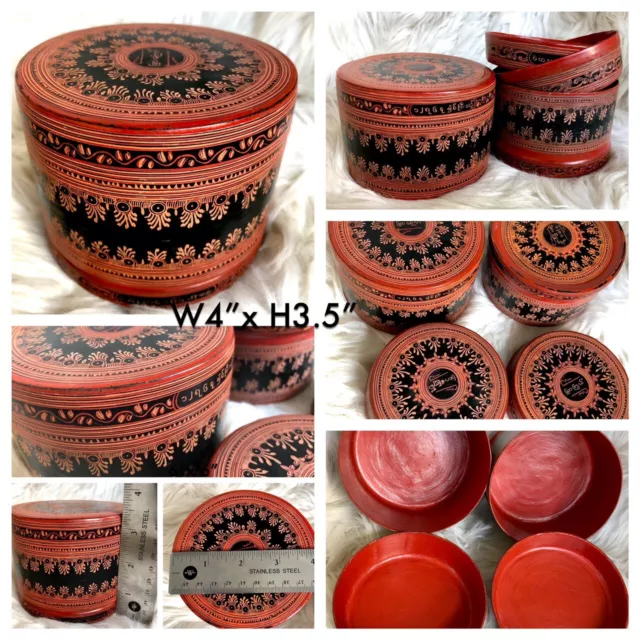 4x3.5" Asian Antique Burmese betel nut box, Kun it, Burma lacquerware