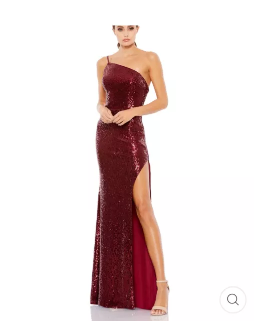 New Ieena for MacDuggal OPEN BACK ONE SHOULDER SEQUINED GOWN In Cranberry Sz 8